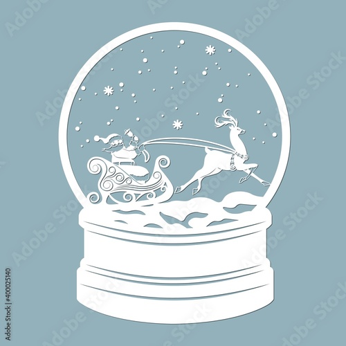 A snow globe, snow inside and a Christmas tree with santa claus, reindeer. Santa claus. Laser cut. Vector illustration. Pattern for the laser cut, plotter and screen printing.