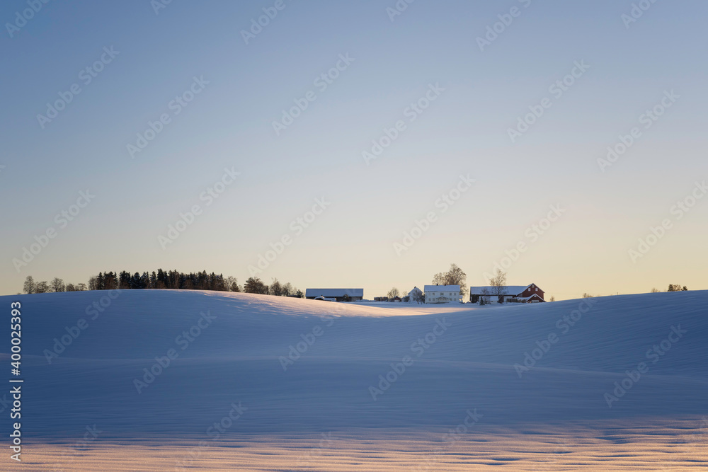 Obraz premium farm in the snow at sunset