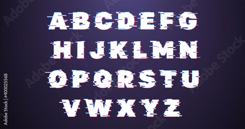 Set of vector fonts with glitch effect. English alphabet with bug effect