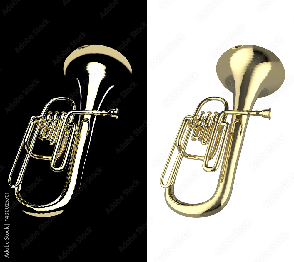 Back view of brass flugelhorn trumpet with black and white variations