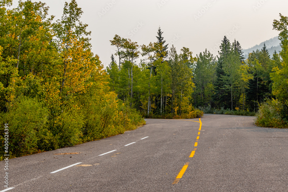 Obraz premium Driving into the fall colours. Highwood Provincial Recreation Area, Alberta, Canada