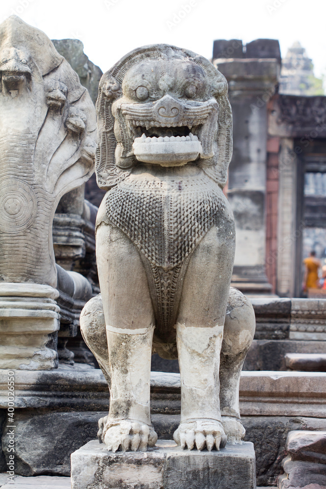 Lion stone, Phimai stone castle in Phimai historical park, Nakhon Ratchasima, Thailand