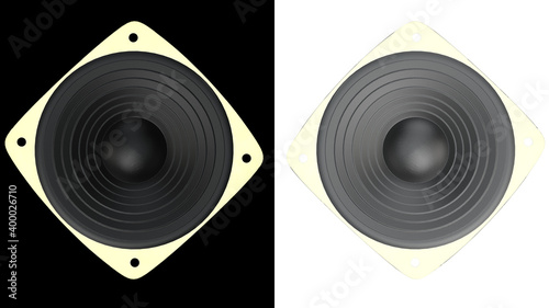 Photos Square shape subwoofer speakers front view black and white background 3d renderi