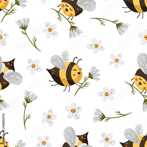 Bee with flower seamless pattern. Honey vector. Cute cartoon yellow bee illustration.