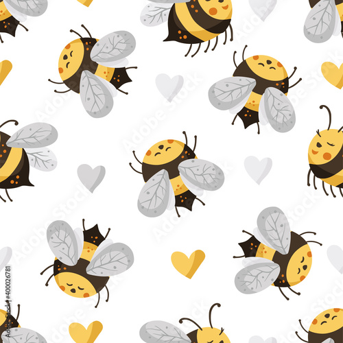 Bee seamless pattern. Honey vector. Cute bee with heart illustration.