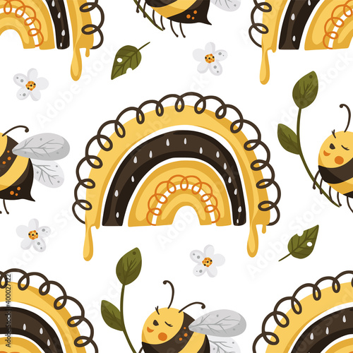 Rainbow and bee seamless pattern. Honey vector. Cute bee illustration.