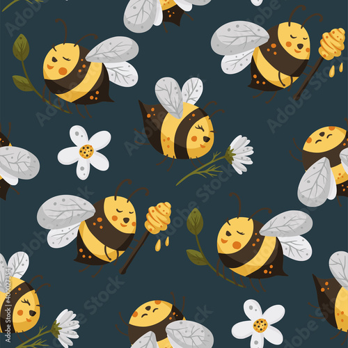Bee with flower kid seamless pattern. Honey vector. Cute cartoon yellow bees illustration.