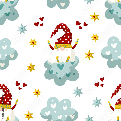 Seamless Gnome Vector pattern. Cute Valentines hand drawn little gnomes illustration with cloud, star and heart. Kid ornate cartoon holiday scandinavian background.