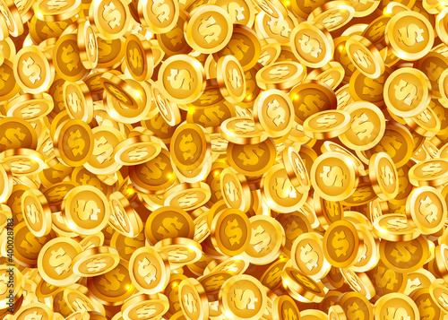 Falling coins, falling money, flying gold coins, golden rain. Jackpot or success concept. Modern background.