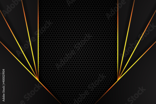 Abstract hexagonal carbon fiber background with orange glowing lines and highlights. Futuristic luxury modern technology background.