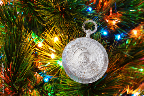 Vintage Christmas ornament. Antiques DRESDEN Cardboard. Silver watch photo