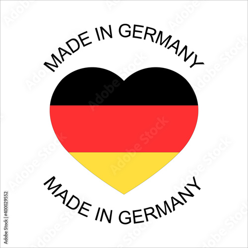 Heart shaped icon of a German flag. Made in Germany symbol with heart in the colors of the German tricolor. High quality product mark. Product of Germany. Manufactured in Europe.