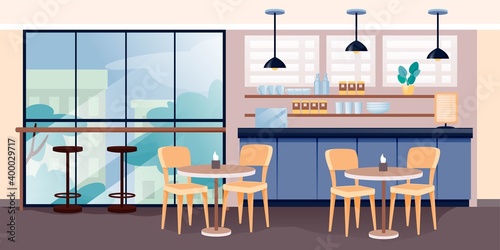 Modern cafe interior design. Empty cosy cafeteria with coffee and tea illustration. Counter with menu, shelves with cups and plates, tables with chairs, window outdoor view
