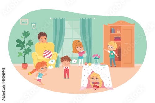 Little kids playing hide and seek in living room. Playing game with friends at home vector illustration. Boy counting, girls and boys hiding under table, in wardrobe, behind armchair and curtain