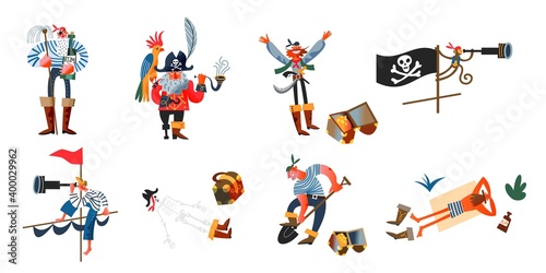 Fototapeta Naklejka Na Ścianę i Meble -  Pirate characters and objects set. Captain with parrot, sailor with bottle, monkey, boy with spyglass, digging gold, skeleton. Adventure and marine piracy vector illustration