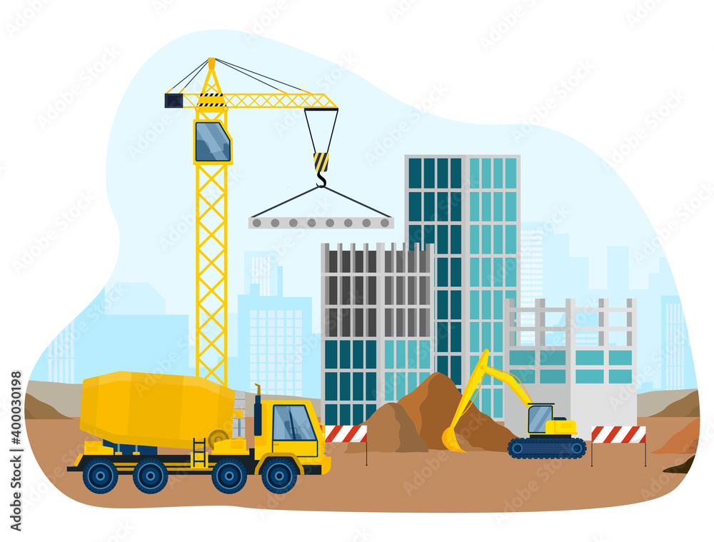 Building construction with special vehicles and equipment. Work in process  on construction site with special equipment and transport a crane and a  concrete mixer. Flat cartoon vector illustration Stock Vector | Adobe