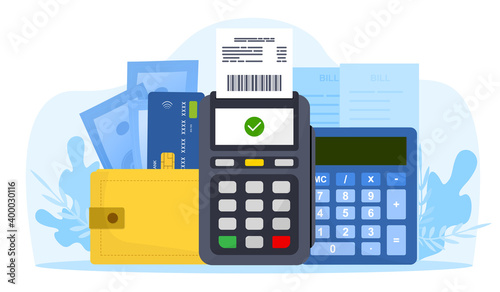 Items for business and finances counting and managing. Financial calculations, financial reports, money, cards. Flat cartoon vector illustration