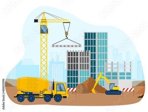 Building construction with special vehicles and equipment. Work in process on construction site with special equipment and transport a crane and a concrete mixer. Flat cartoon vector illustration