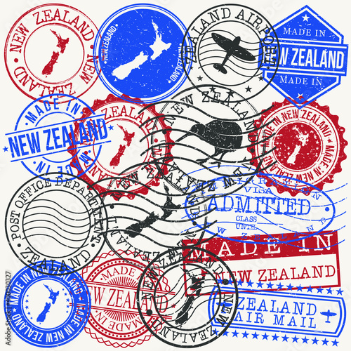 New Zealand Set of Stamps. Travel Passport Stamp. Made In Product. Design Seals Old Style Insignia. Icon Clip Art Vector.