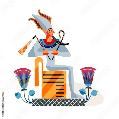 Ancient Egypt pharaoh sitting. Egyptian art history symbol and god vector illustration. Pharaoh statue on throne with scepter ruling civilization. Mythology elements and patterns