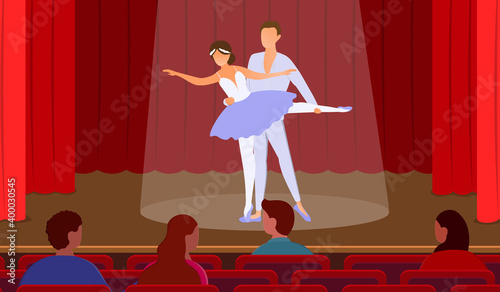 Young male and female ballet dancers performing on stage. Ballerina with partner. Concept of beautiful and artistic ballet performance with spectators watching. Flat cartoon vector illustration