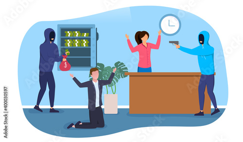 Robbery in bank with hostages. Bandits in masks steal money from safe, holding gun and attack customer and employee. Flat cartoon vector illustration