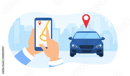 Car sharing service controlled via smartphone. Hands holding phone with location mark on map of smart electric car in modern city. Flat cartoon vector illustration
