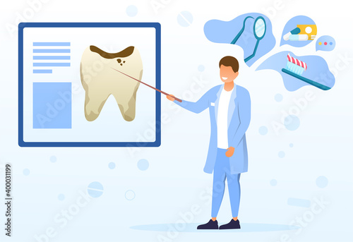 Male dentist showing caries. Affected mockup tooth on poster. Doctor giving recommendations on dental caries or tooth decay prevention. Concept of teeth hygiene. Flat cartoon vector illustration