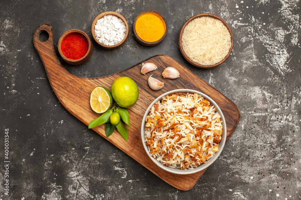 top view cooked rice with seasonings on dark background dish meal dark food spice