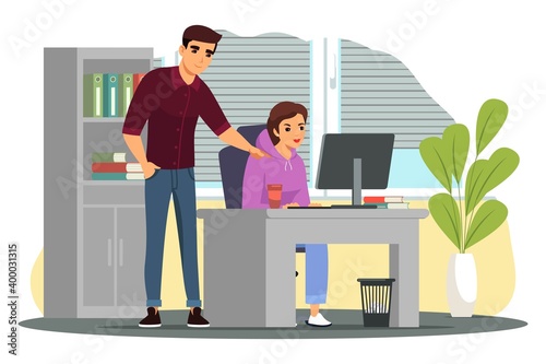 Woman working on computer, man standing in office. Young girl sitting at table with monitor, keyboard and books, coworker helping. Professional workplace vector illustration