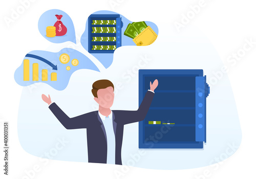 The poor man standing near an open empty safe with few dollars inside. Concept of bankruptcy and economic crisis. Flat cartoon vector illustration