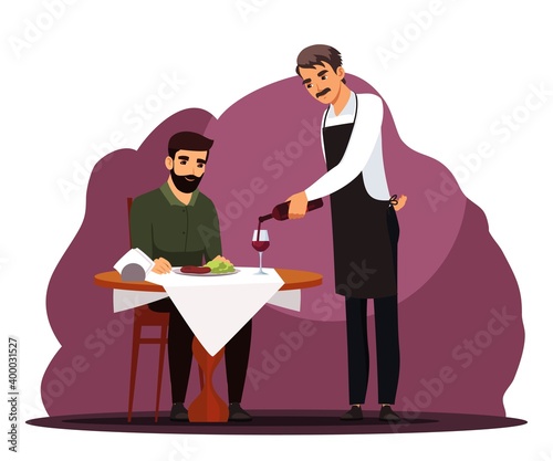 Man sitting in restaurant with food, waiter pouring wine into glass from bottle. Eating and drinking vector illustration. Guy alone at table having dinner at modern cafe in evening