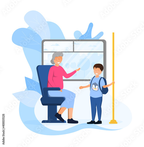 Little polite boy gave an elderly woman his seat in bus. Retired old woman thanks kind kid. Concept of kids with good manners. Flat cartoon vector illustration