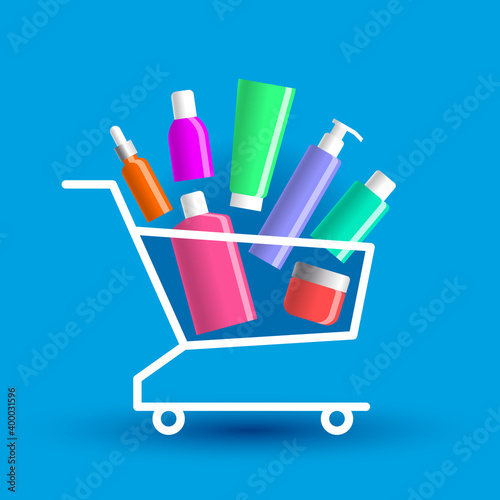 Many various beauty products in shopping cart