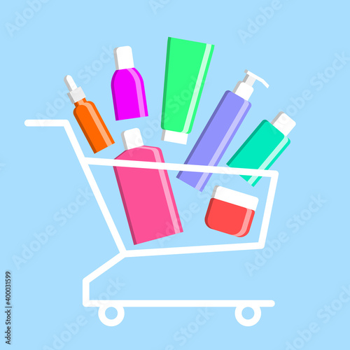 Many various beauty products in shopping cart