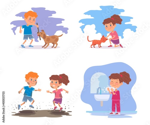 Good children versus bad kids set. Angry boy playing with dog, girl patting cat. Playing in dirty mud outdoor vs washing face clean at bathroom. Manners and behavior vector illustration