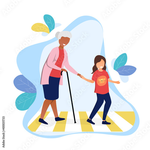 Polite little girl helps elderly woman to cross the road. Cheerful school kid and old lady. Concept of kids with good manners. Flat cartoon vector illustration
