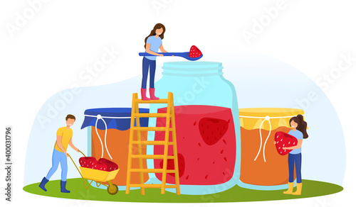 People making homemade products. Concept of jam production. Happy smiling male and female characters making handmade organic strawberry jam in a large glass jar. Flat cartoon vector illustration