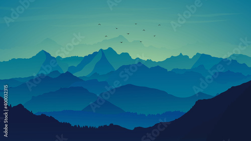 sunset over the mountains - Vector Landscape - Vector Art