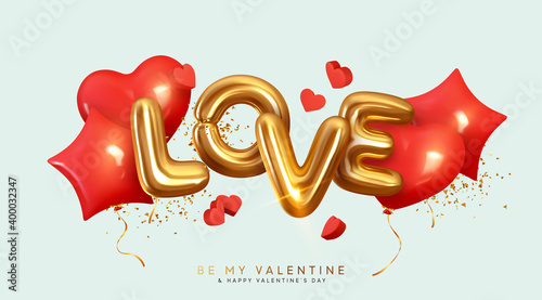 Happy Valentine's Day. Gold metallic text Love, realistic red balloons in the shape of heart and stars. Holiday gift card. Romantic background with 3d decorative objects. Vector illustration