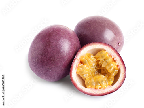 Delicious passion fruits (maracuya) on white background