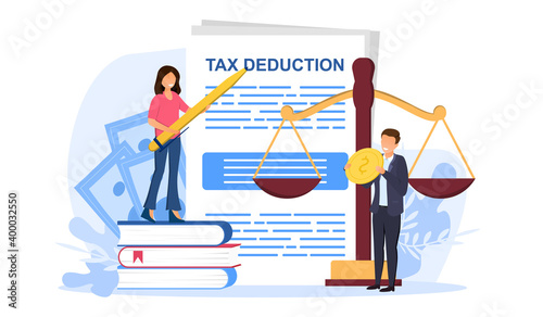 Male and female characters making tax deducation. Concept of accounting, payment, financial bill. Tax optimization, deduction and refund. Flat cartoon vector illustration