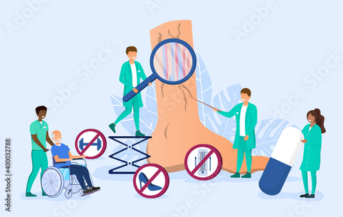 Male and female doctors making varicose treatment. Men and women with medical instruments and drugs around of huge foot with diseased veins. Flat cartoon vector illustration