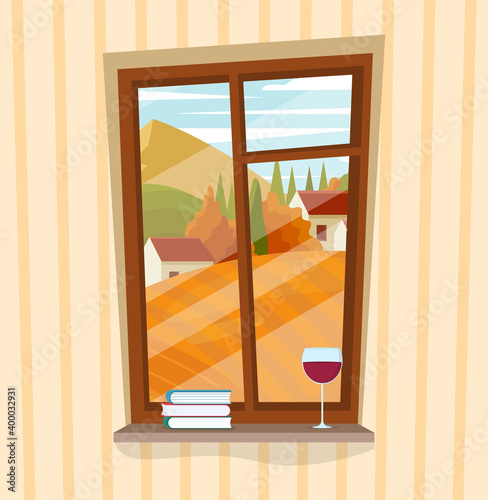 Autumn window with rural view, a book and a glass of wine. Concept of cozy spending autumn time at home with books and wine. Flat cartoon vector illustration