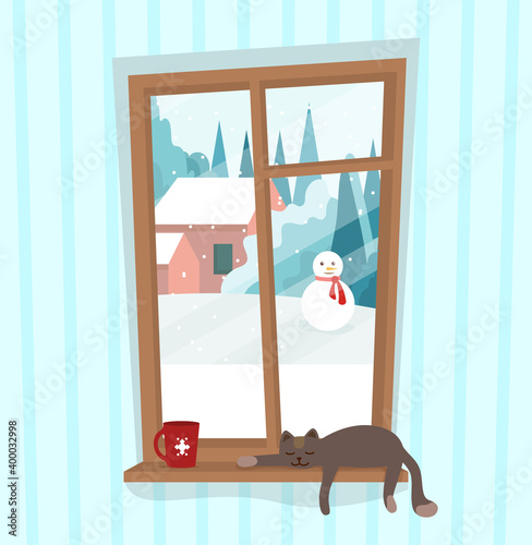 Window with winter landscape outside with snowman. Cat calmly sleeping on the window sill near cup with festive snowflake on side. Flat cartoon vector illustration