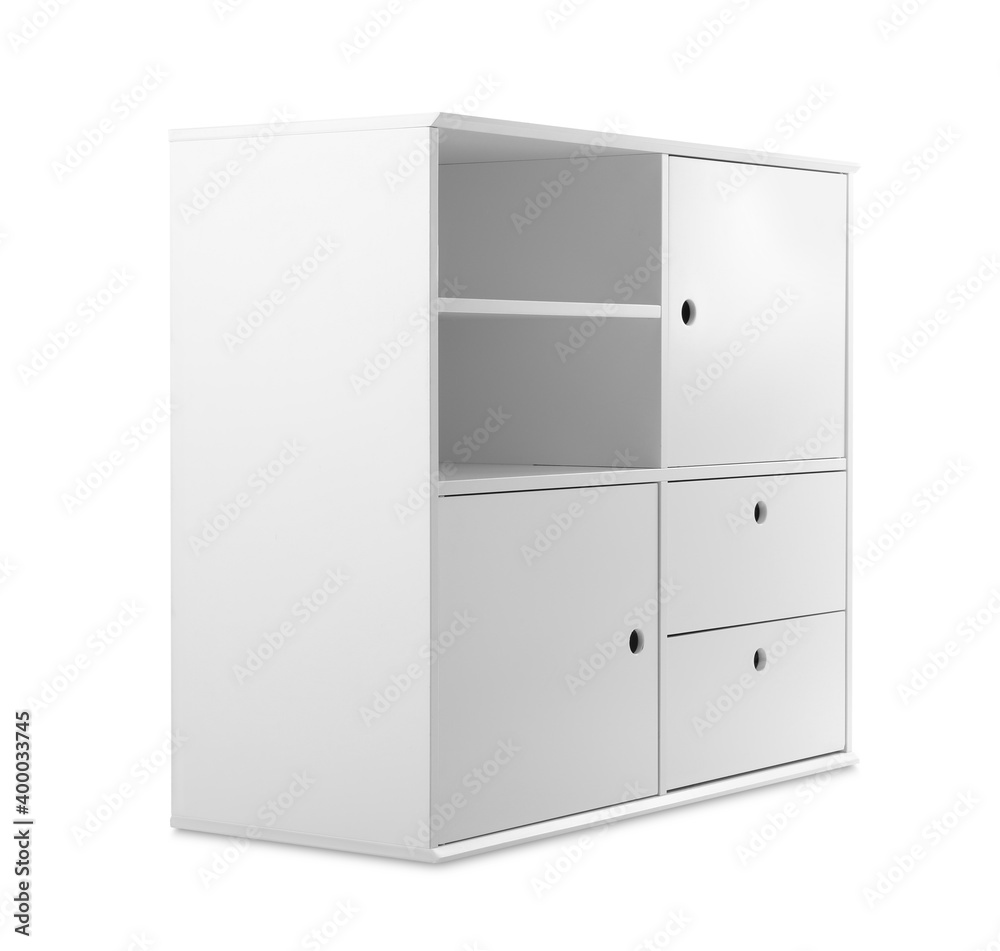Stylish empty shelving unit isolated on white Stylish empty shelving unit isolated on white