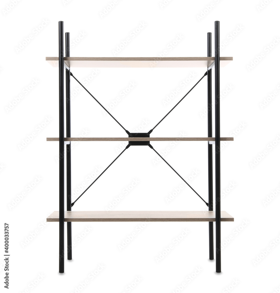 Stylish empty shelving unit isolated on white Stylish empty shelving unit isolated on white