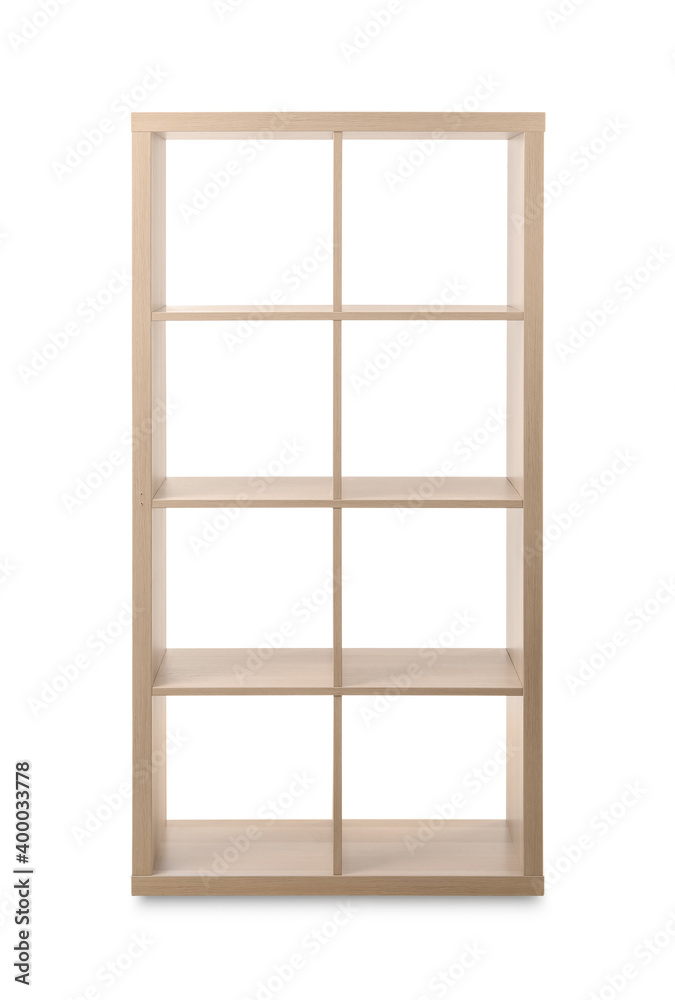 Empty wooden shelving unit isolated on white Empty wooden shelving unit isolated on white