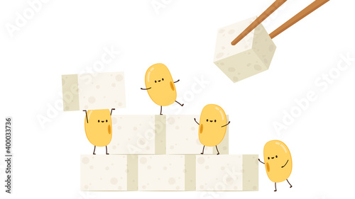 Tofu cartoon vector. Soybean character. free space for text.