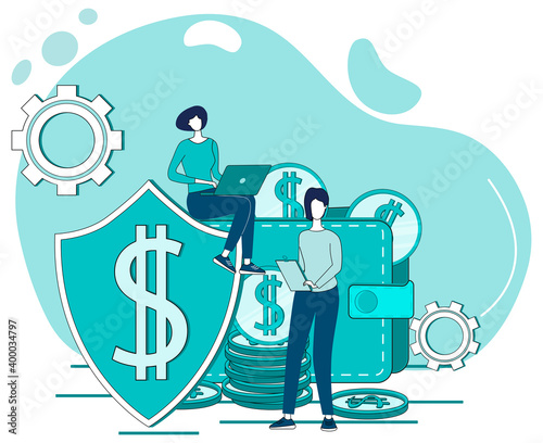 Secure online wallet.The concept of secure online banking.People on the background of a large wallet and a shield protecting them.secure online payments and transactions.flat vector illustration.